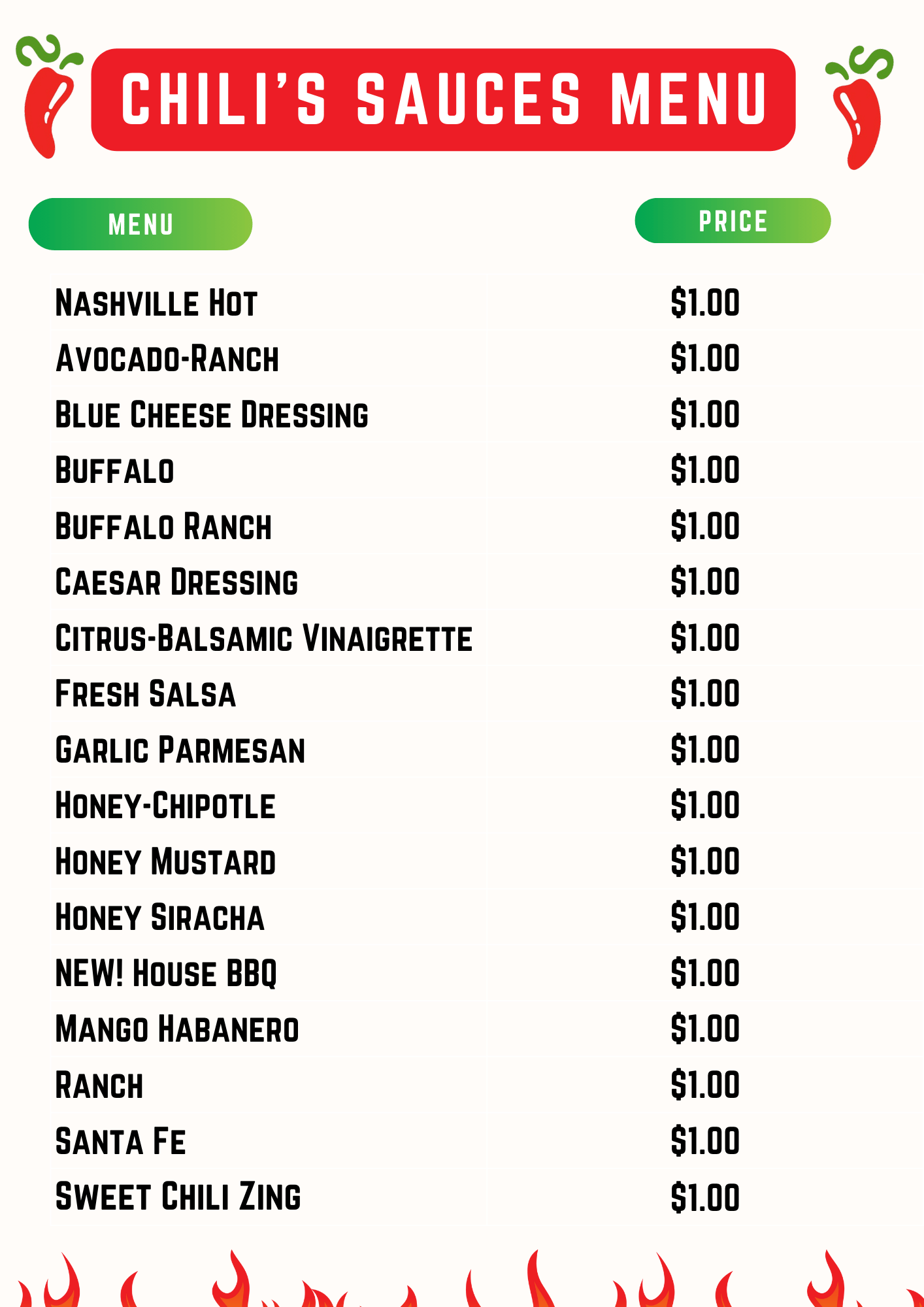 Chili’s Sauces Menu
